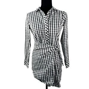 Skies are Blue Black White Gingham Long Sleeve Faux Wrap Dress Size XS